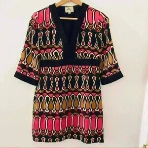 𝅺MILLY Black Pink 3/4 Sleeve Geometric Silk Dress